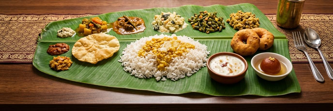 Authentic traditional South Indian wedding feast on fresh banana leaf with hot rice, vadai, payasam, appalam, and festive curries